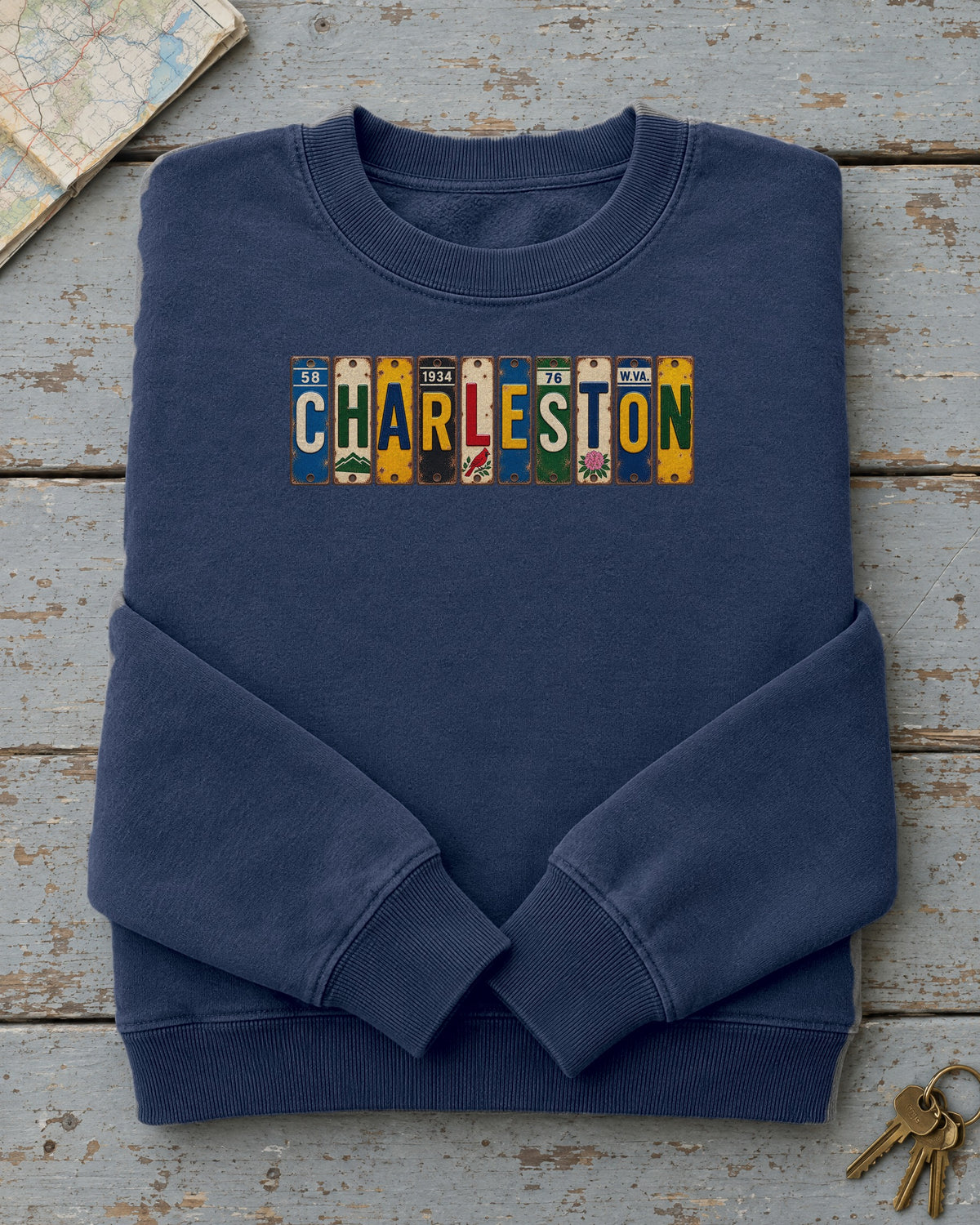 Charleston, West Virginia vintage license plate sweatshirt in True Navy