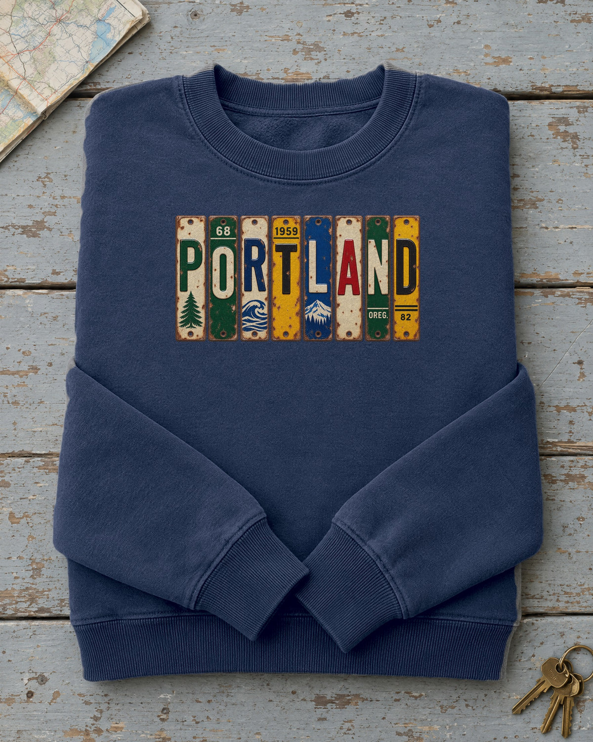 Portland, Oregon vintage license plate sweatshirt in True Navy