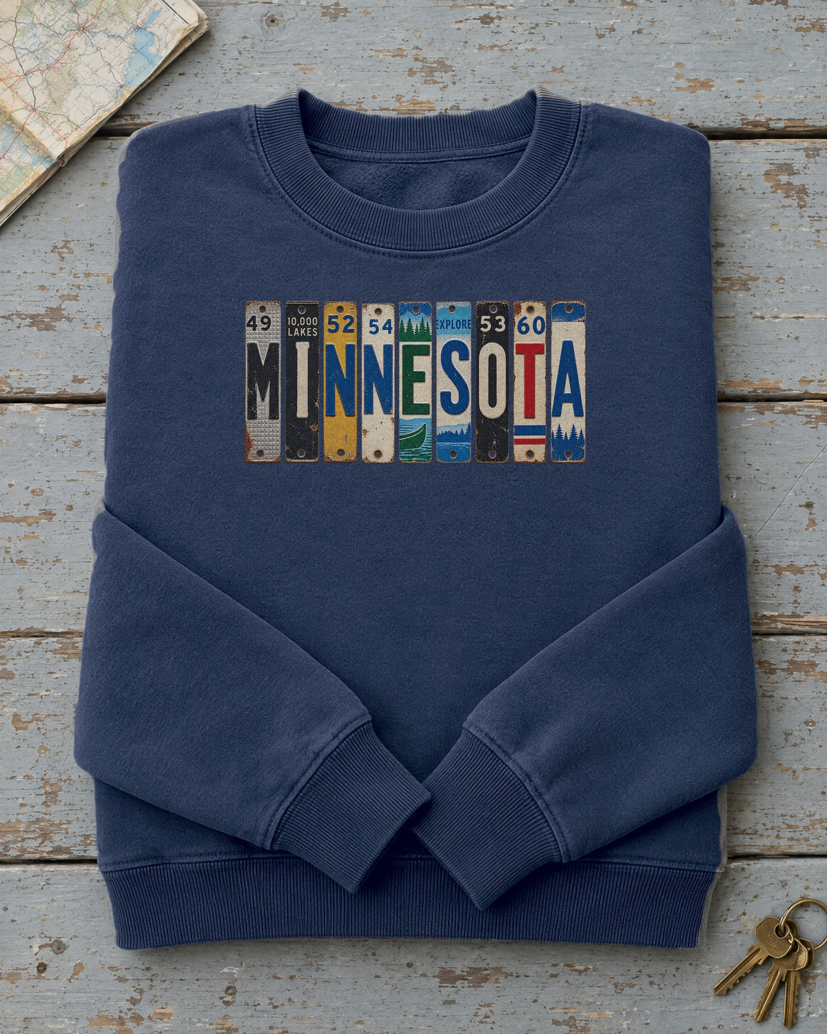 Minnesota vintage license plate sweatshirt in True Navy