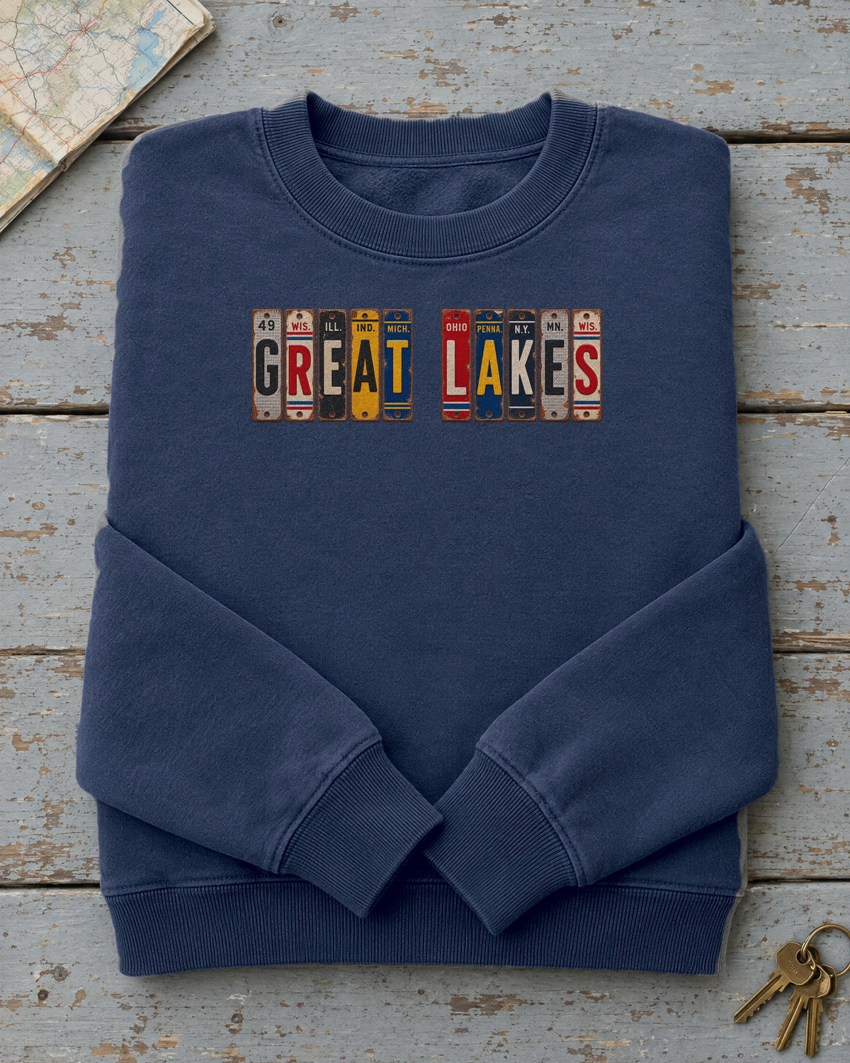 Great Lakes vintage license plate sweatshirt in True Navy