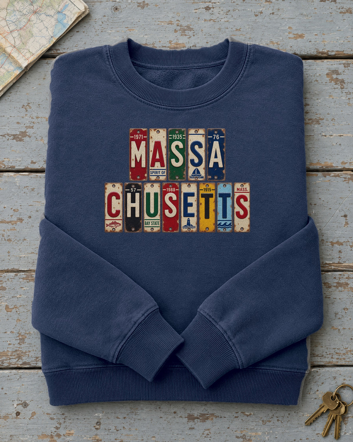 Massachusetts vintage license plate sweatshirt in True Navy