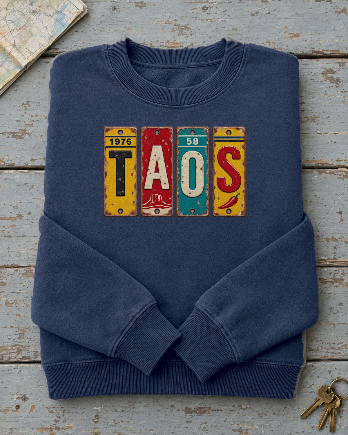 Taos, New Mexico vintage license plate sweatshirt in True Navy