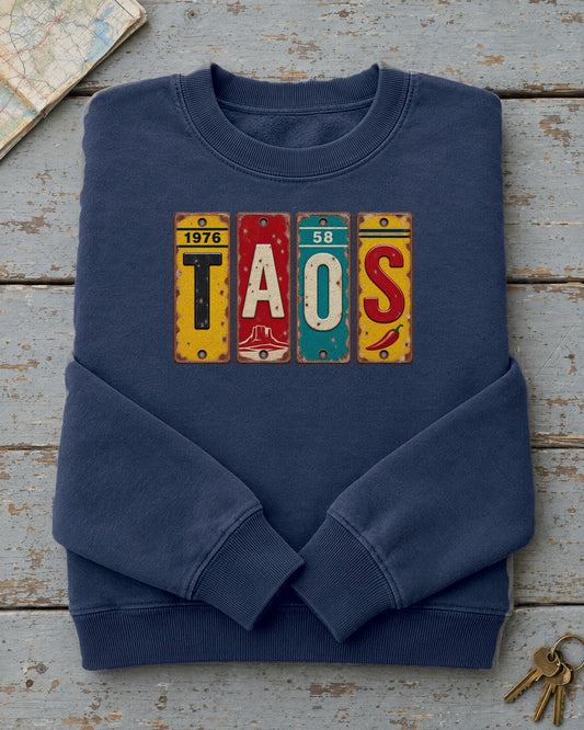 Taos, New Mexico vintage license plate sweatshirt in True Navy