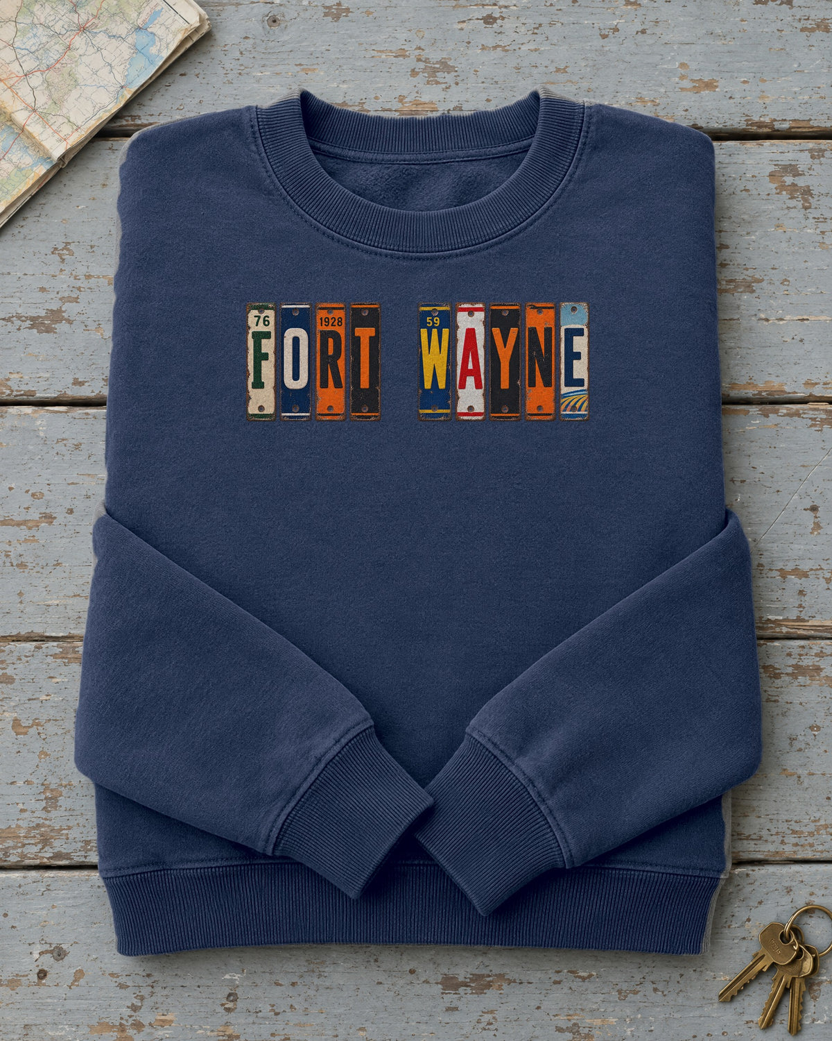 Fort Wayne, Indiana vintage license plate sweatshirt in True Navy