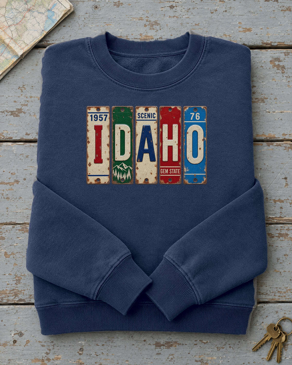 Idaho vintage license plate sweatshirt in True Navy