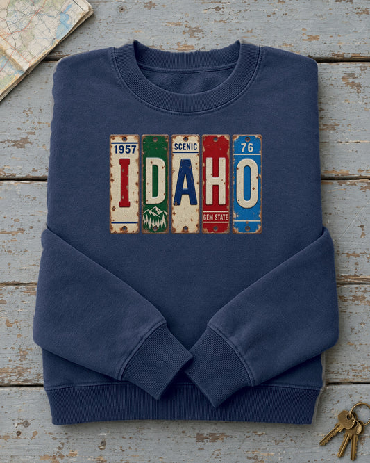 Idaho vintage license plate sweatshirt in True Navy