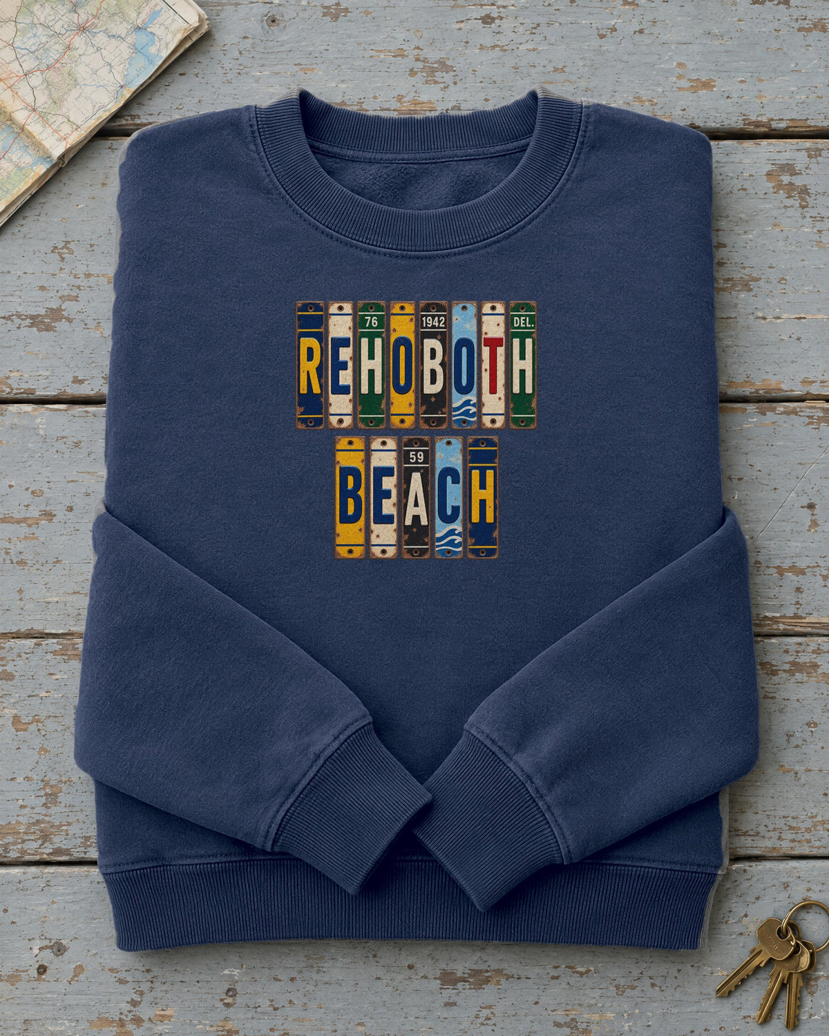 Rehoboth Beach, Delaware vintage license plate sweatshirt in True Navy