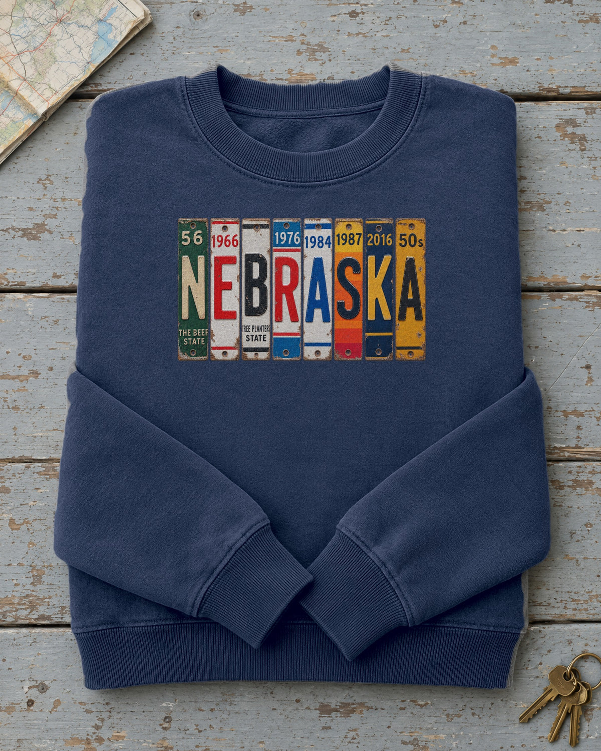Nebraska vintage license plate sweatshirt in True Navy