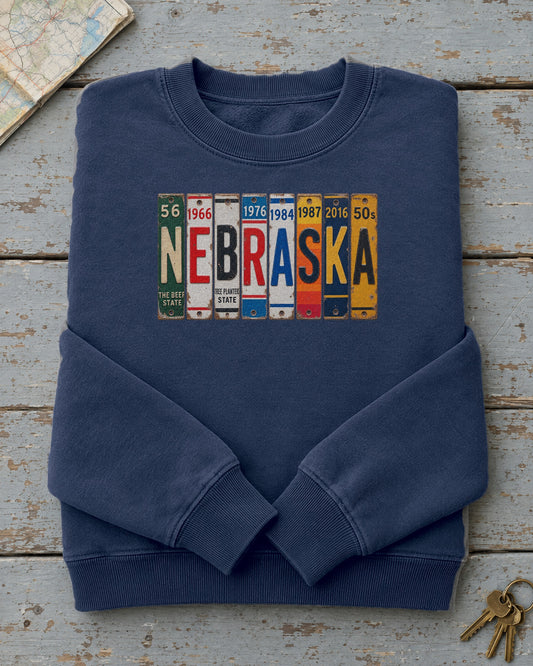 Nebraska vintage license plate sweatshirt in True Navy
