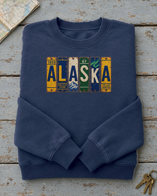 Alaska vintage license plate sweatshirt in True Navy