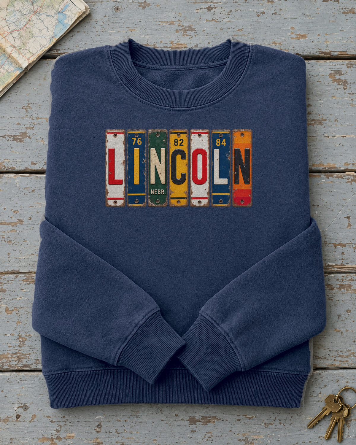 Lincoln, Nebraska vintage license plate sweatshirt in True Navy
