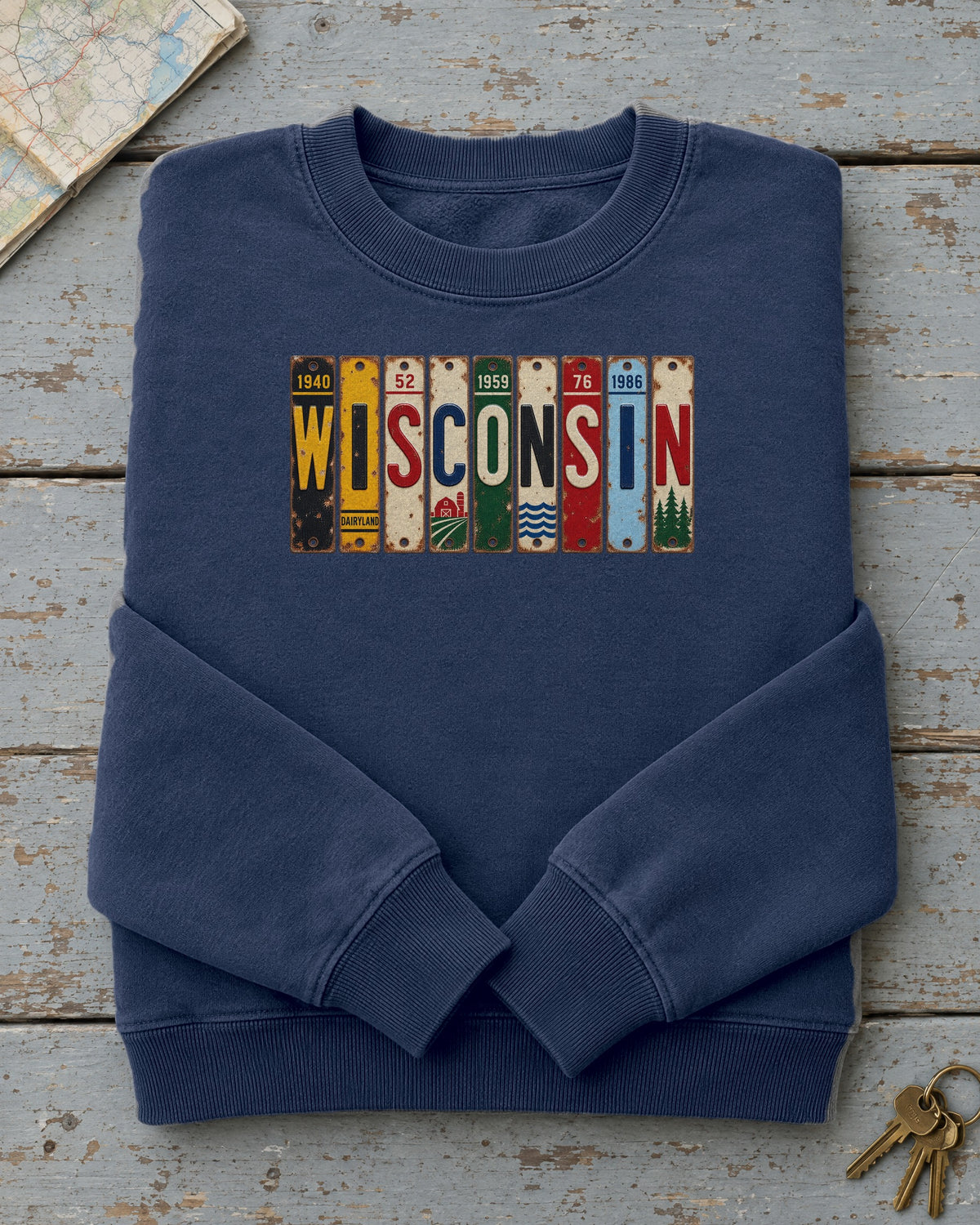 Wisconsin vintage license plate sweatshirt in True Navy