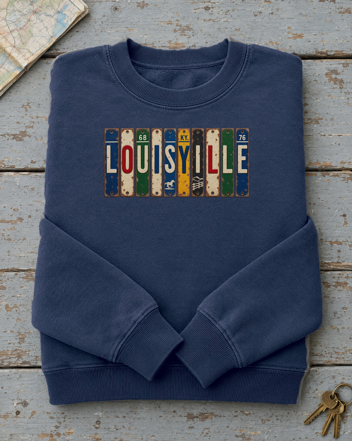 Louisville, Kentucky vintage license plate sweatshirt in True Navy