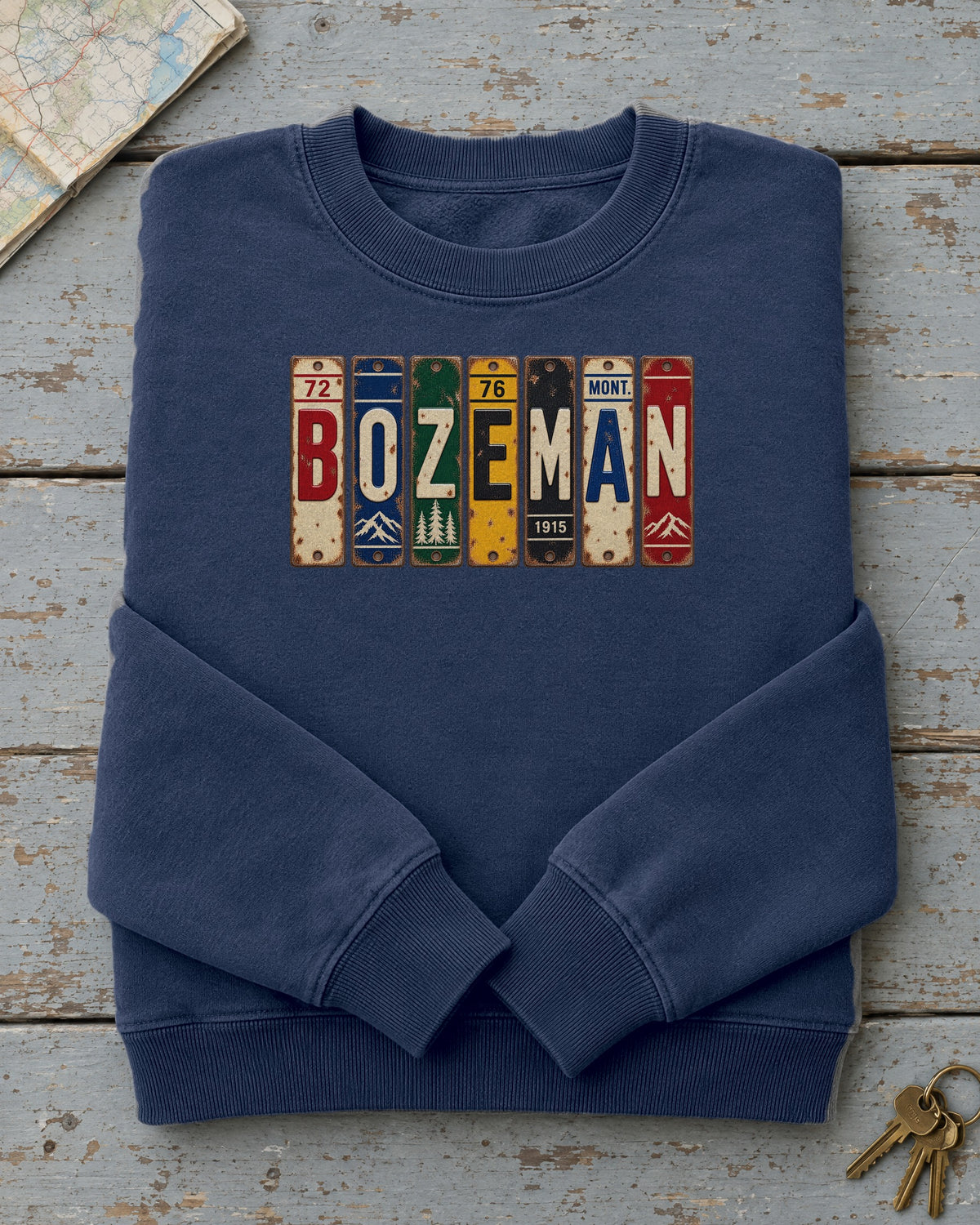 Bozeman, Montana vintage license plate sweatshirt in True Navy