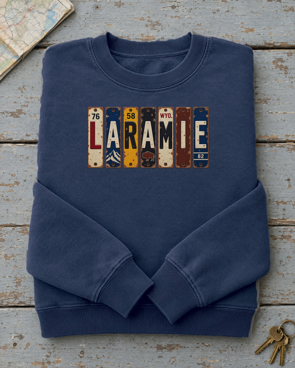 Laramie, Wyoming vintage license plate sweatshirt in True Navy