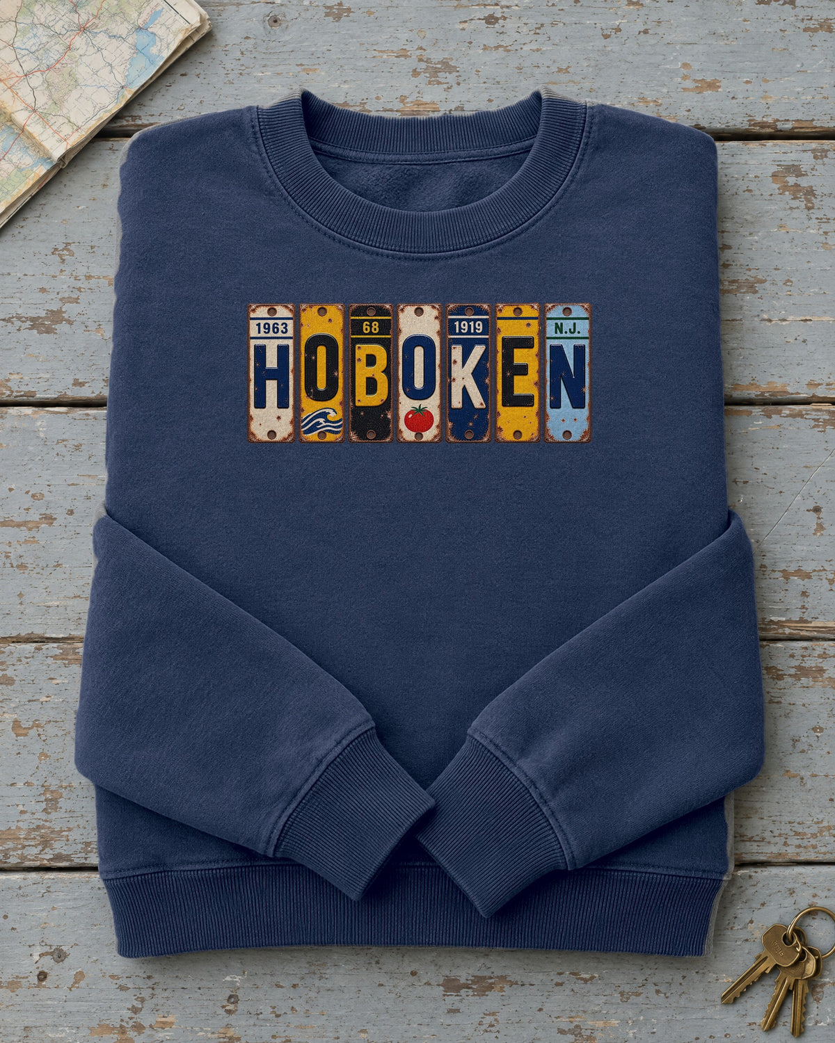 Hoboken, New Jersey vintage license plate sweatshirt in True Navy