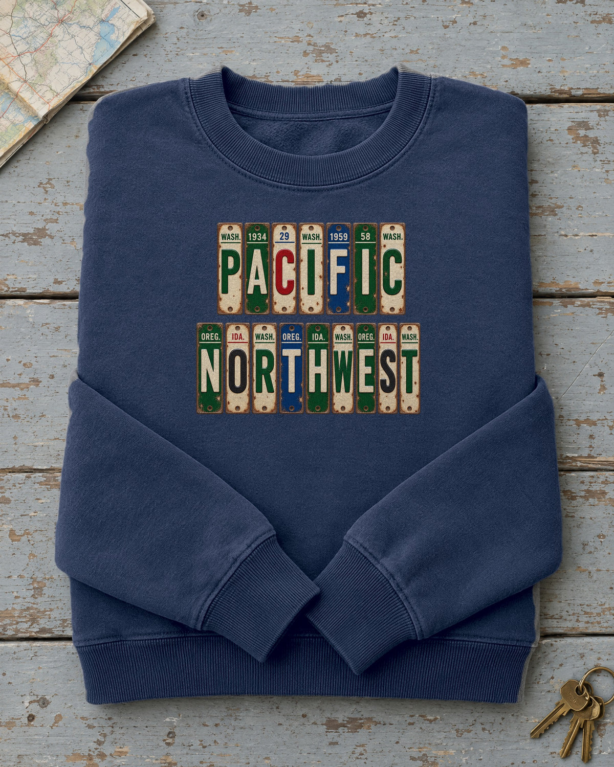 Pacific Northwest vintage license plate sweatshirt in True Navy