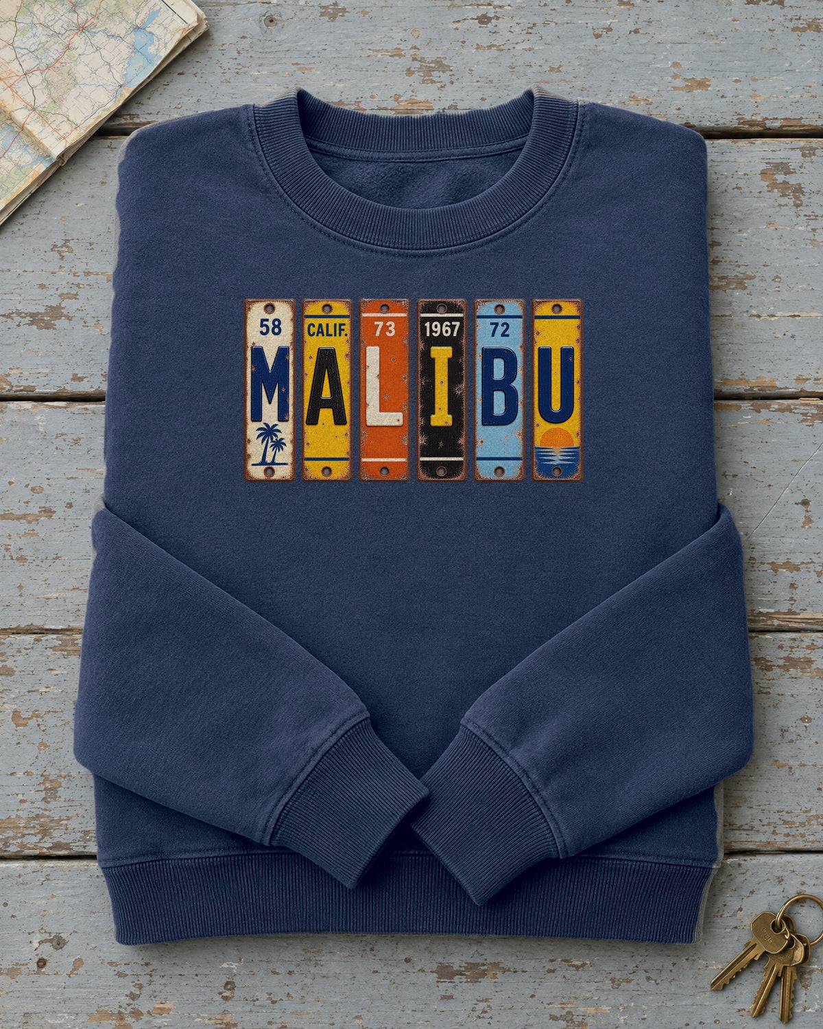 Malibu, California vintage license plate sweatshirt in True Navy