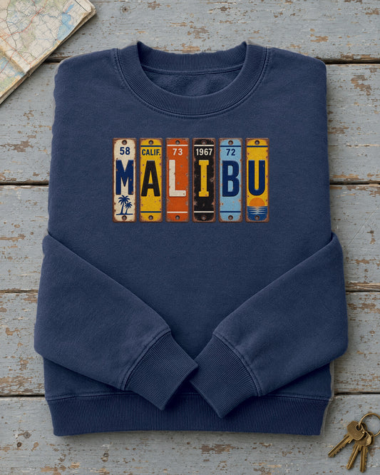 Malibu, California vintage license plate sweatshirt in True Navy