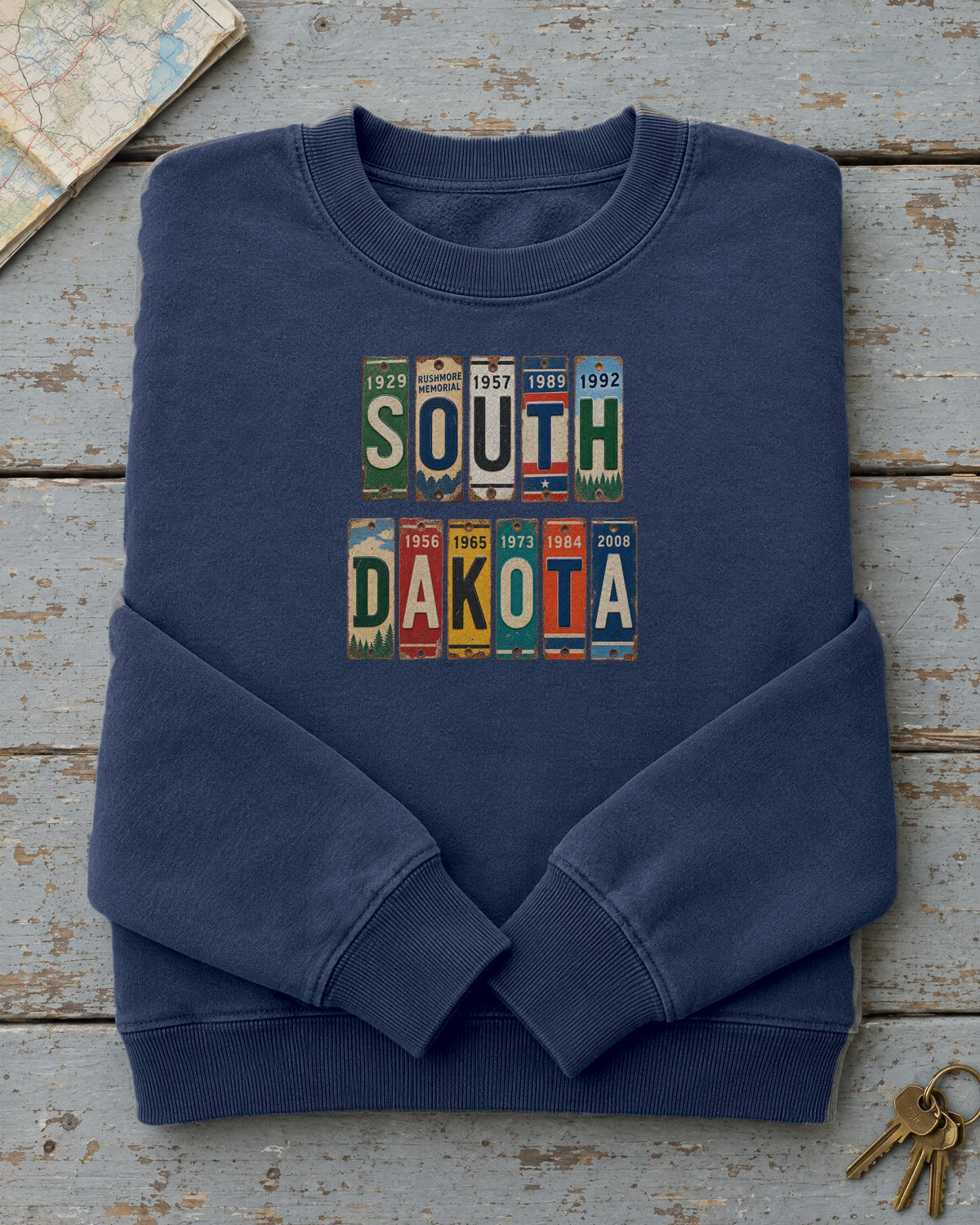 South Dakota vintage license plate sweatshirt in True Navy