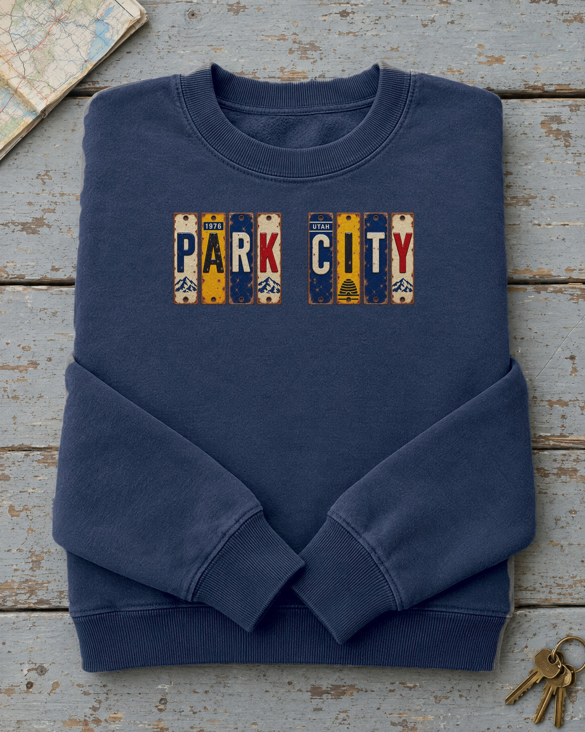Park City, Utah vintage license plate sweatshirt in True Navy
