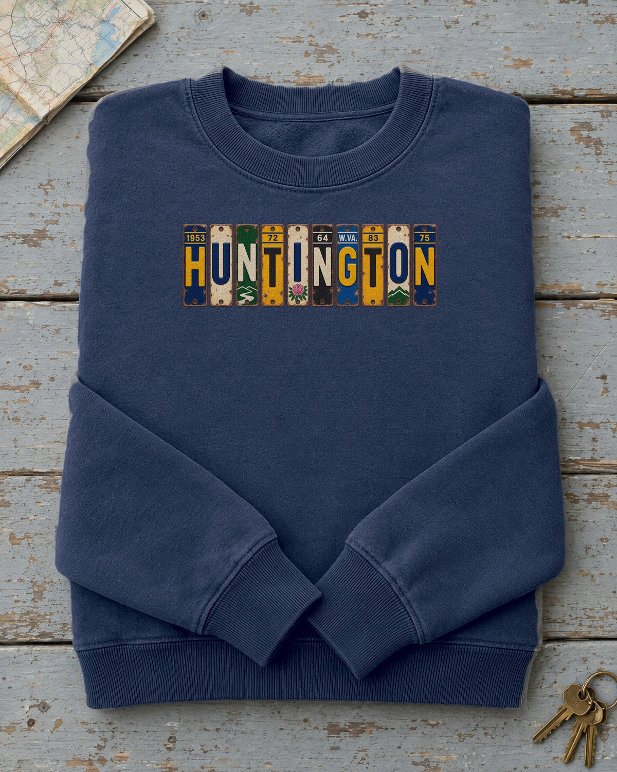 Huntington, West Virginia vintage license plate sweatshirt in True Navy