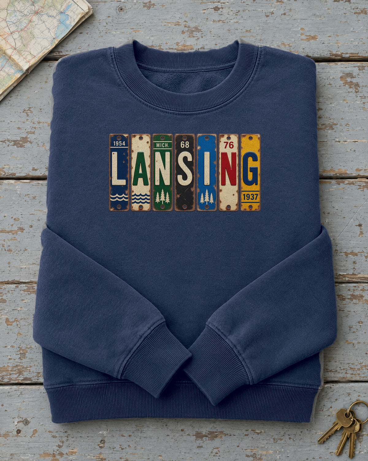 Lansing, Michigan vintage license plate sweatshirt in True Navy