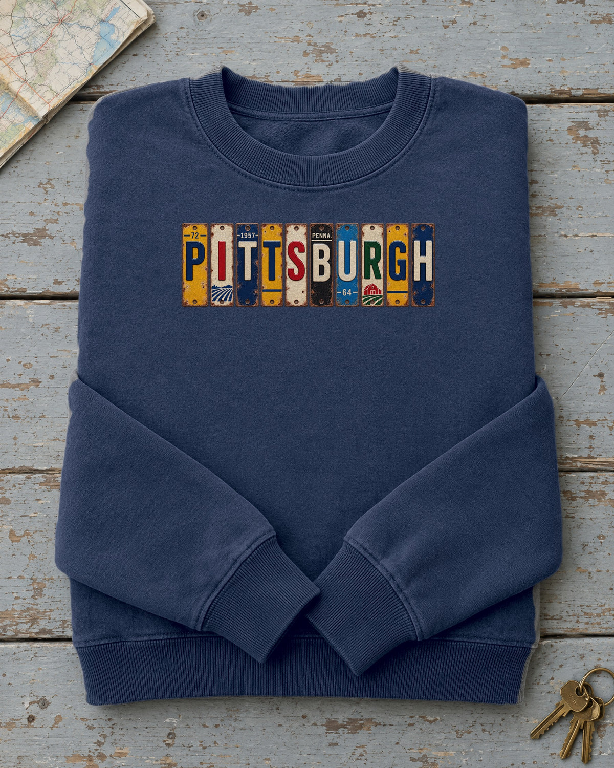 Pittsburgh, Pennsylvania vintage license plate sweatshirt in True Navy