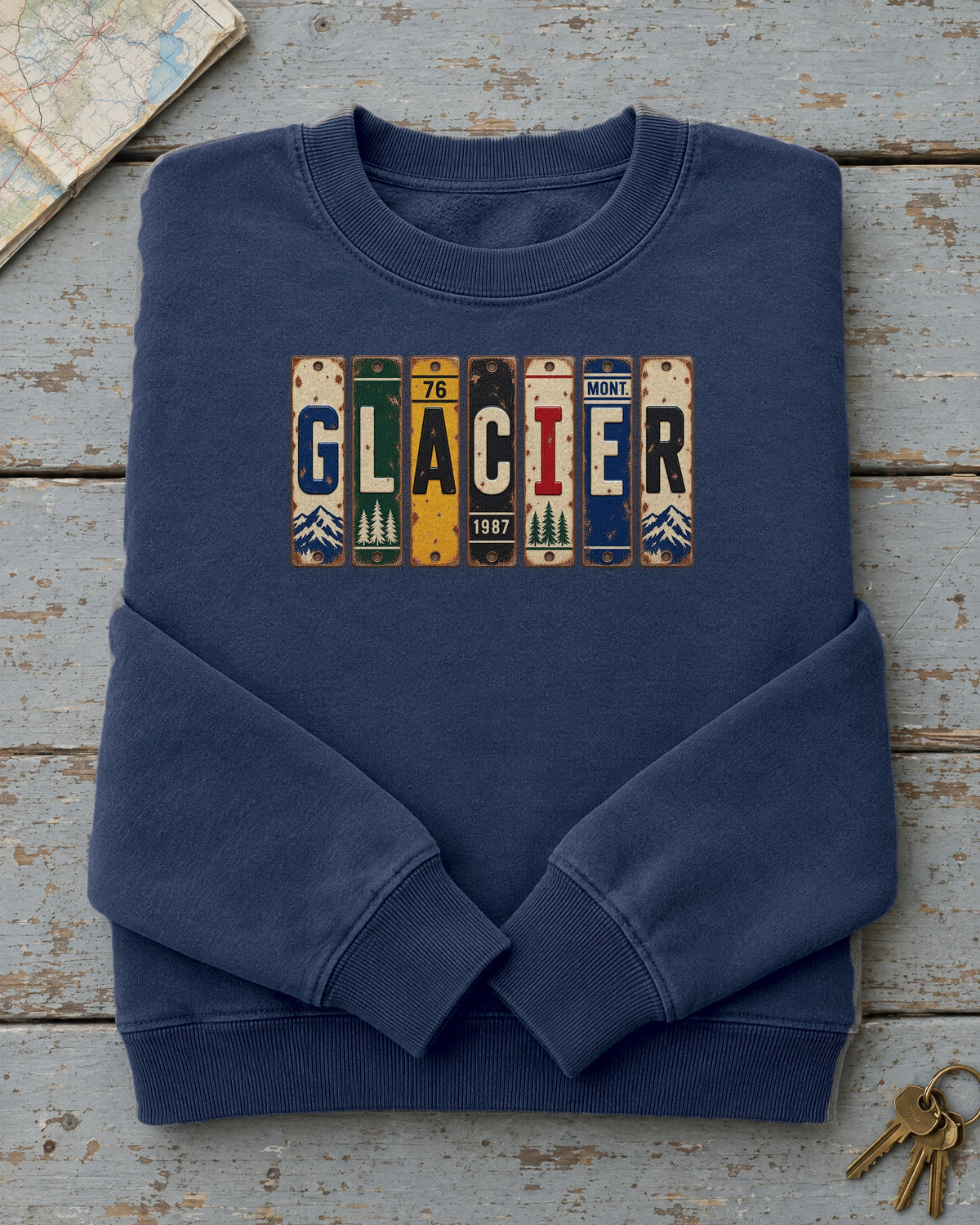 Glacier, Montana vintage license plate sweatshirt in True Navy