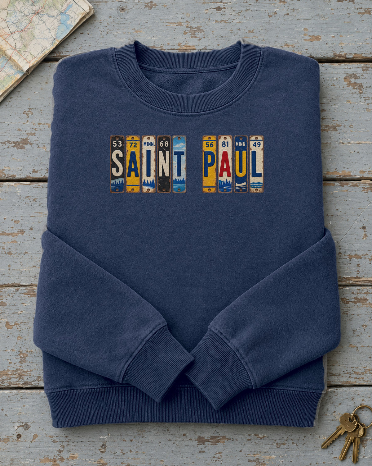 Saint Paul, Minnesota vintage license plate sweatshirt in True Navy