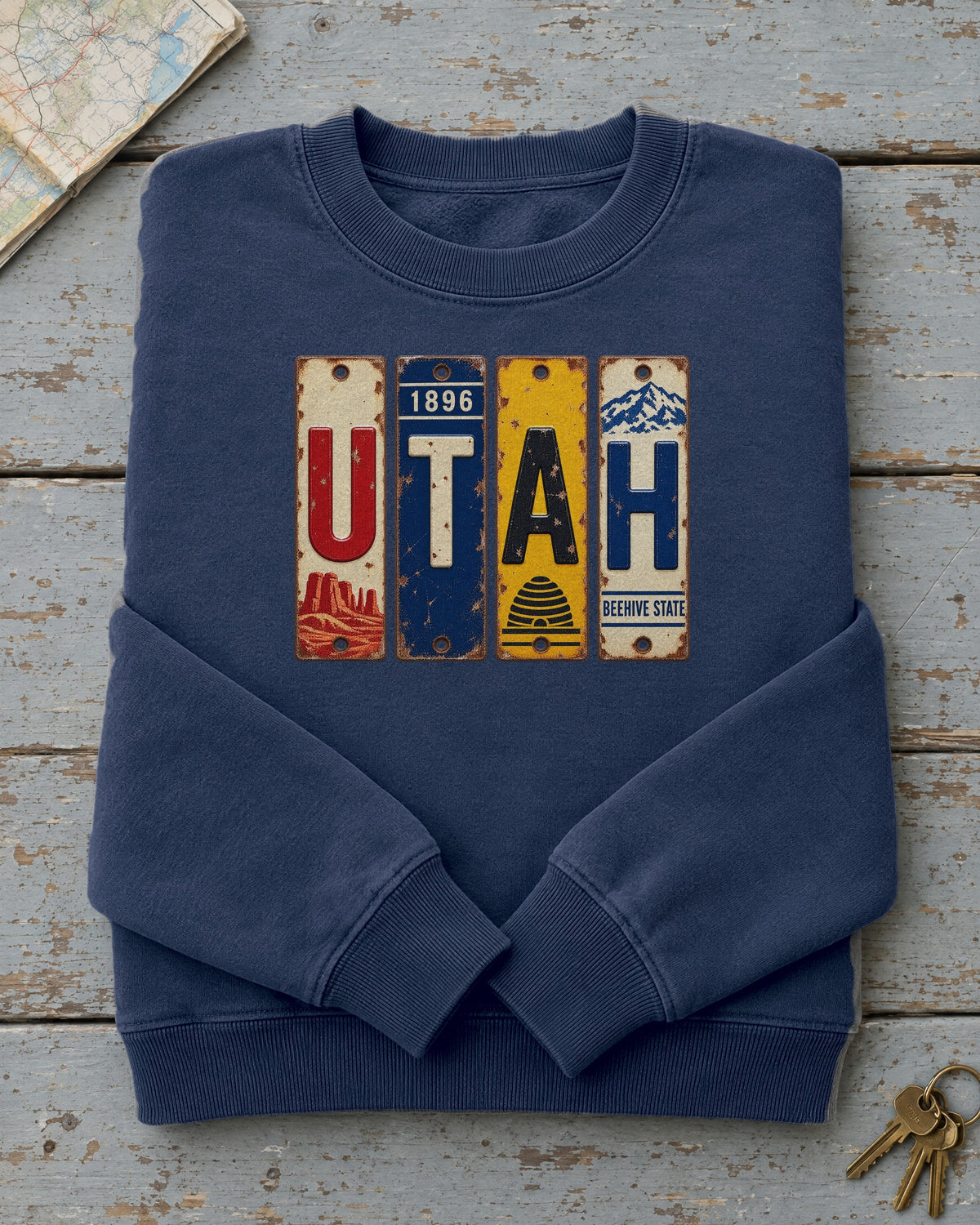 Utah vintage license plate sweatshirt in True Navy