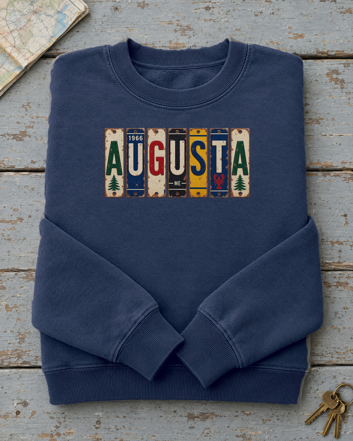 Augusta, Maine vintage license plate sweatshirt in True Navy