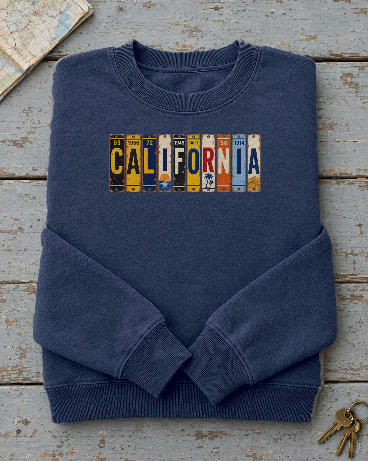California vintage license plate sweatshirt in True Navy