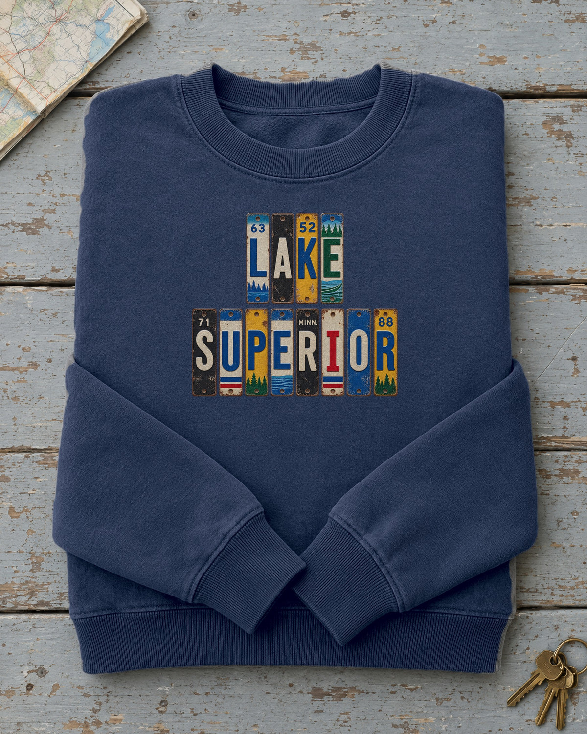 Lake Superior, Minnesota vintage license plate sweatshirt in True Navy