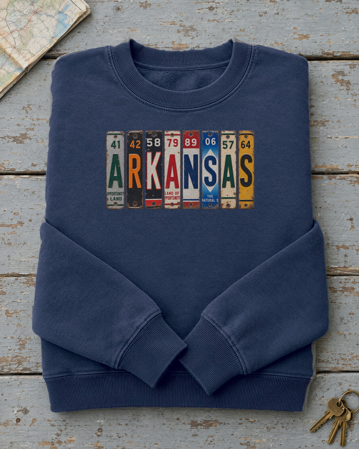 Arkansas vintage license plate sweatshirt in True Navy