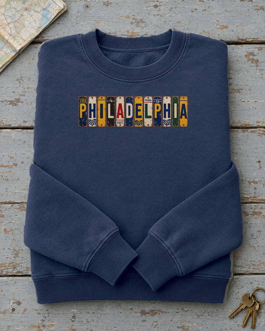 Philadelphia, Pennsylvania vintage license plate sweatshirt in True Navy