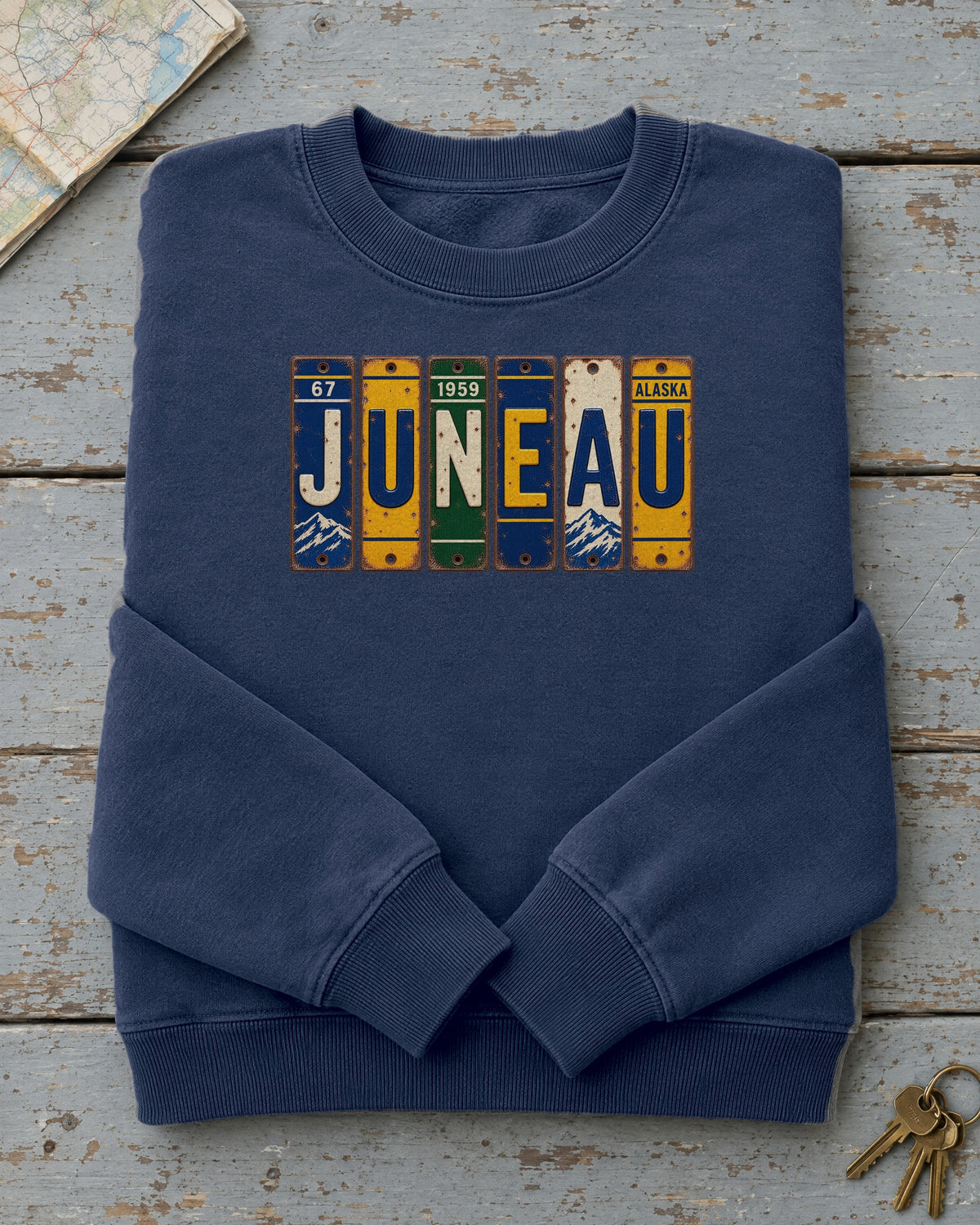 Juneau, Alaska vintage license plate sweatshirt in True Navy