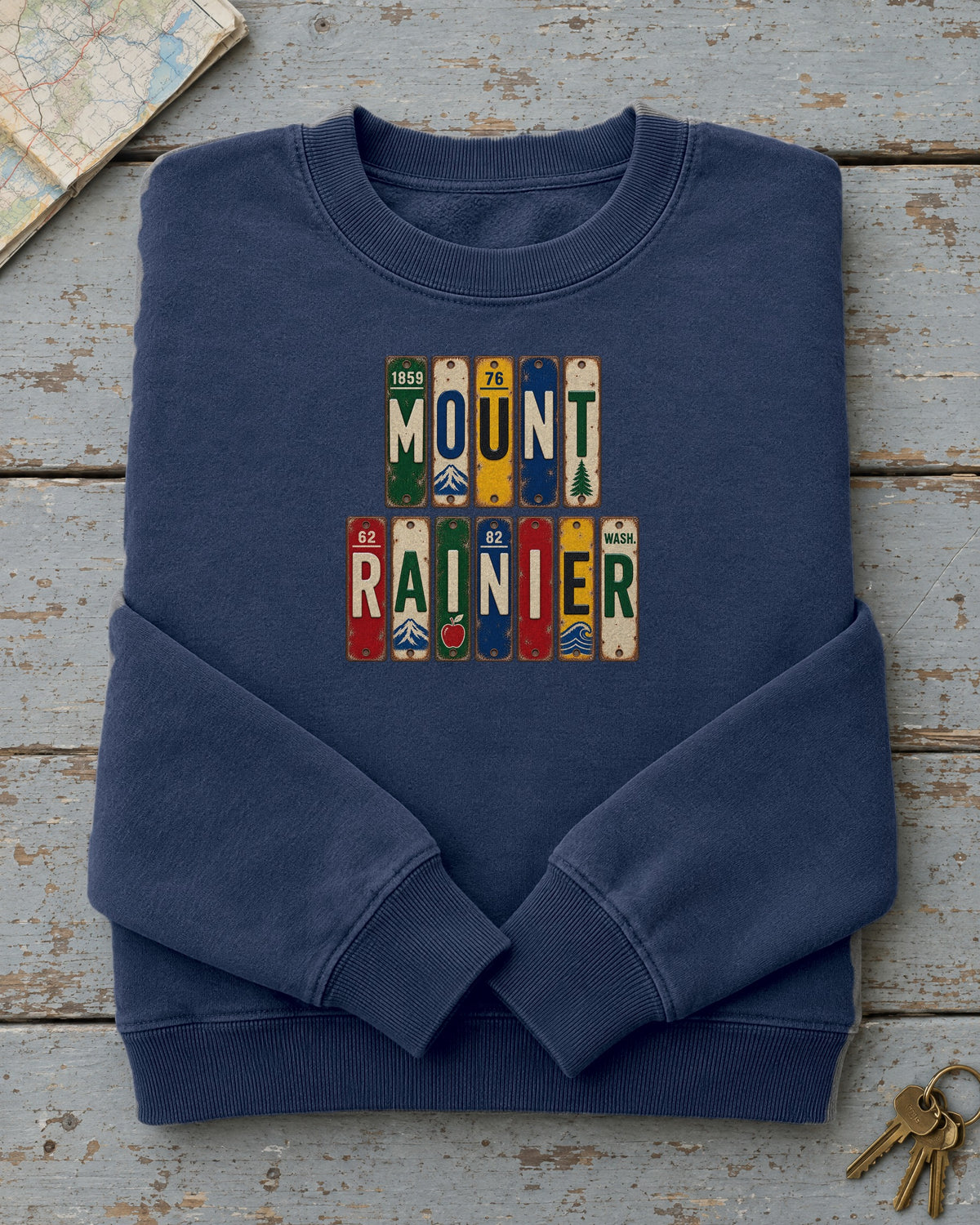 Mount Rainier, Washington vintage license plate sweatshirt in True Navy