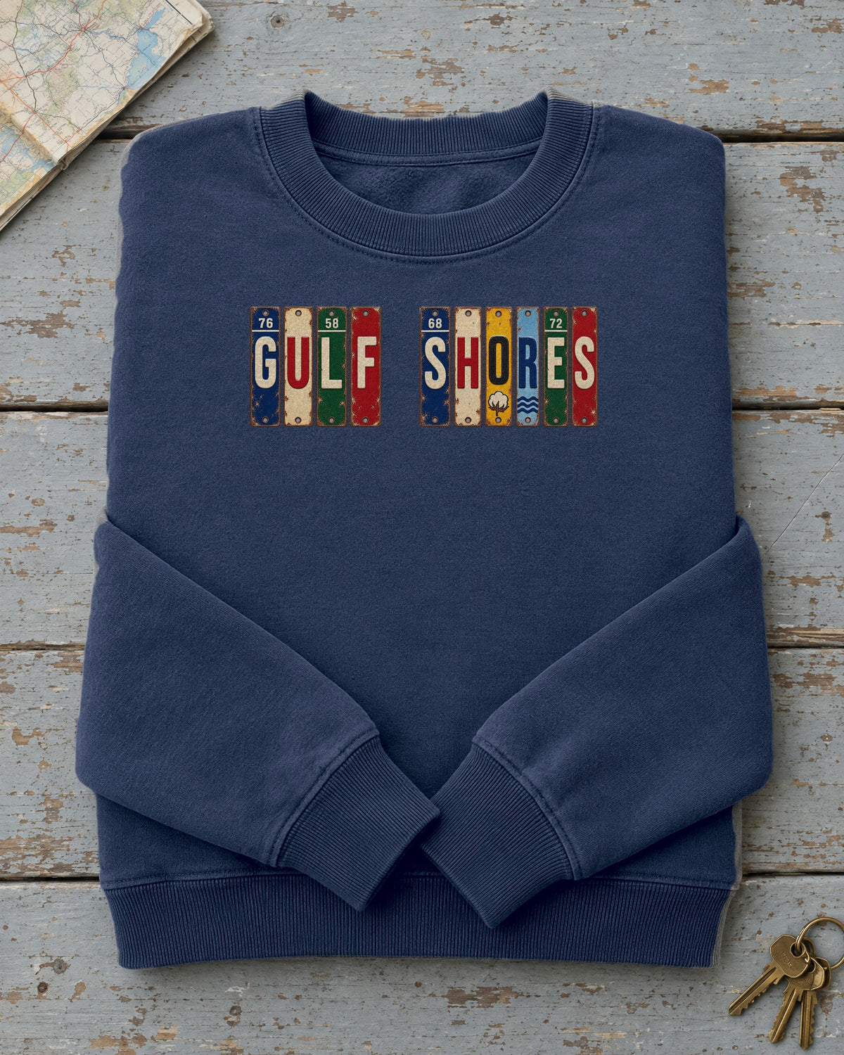 Gulf Shores, Alabama vintage license plate sweatshirt in True Navy