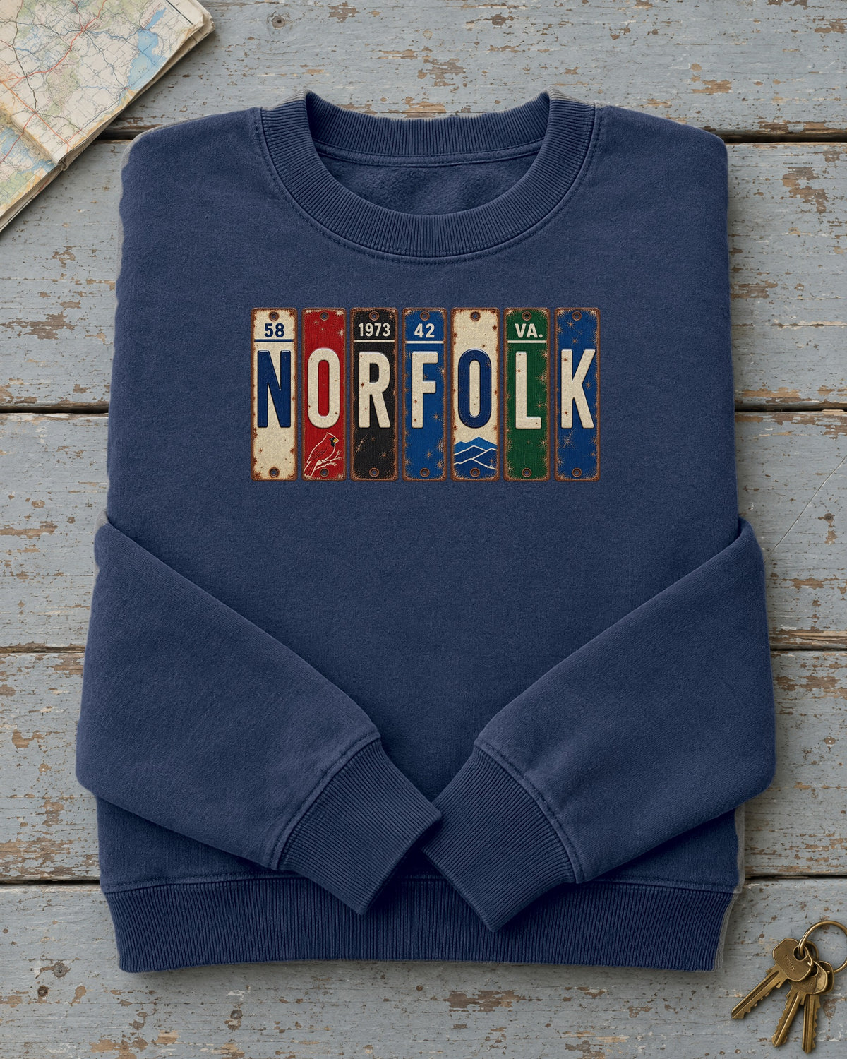 Norfolk, Virginia vintage license plate sweatshirt in True Navy