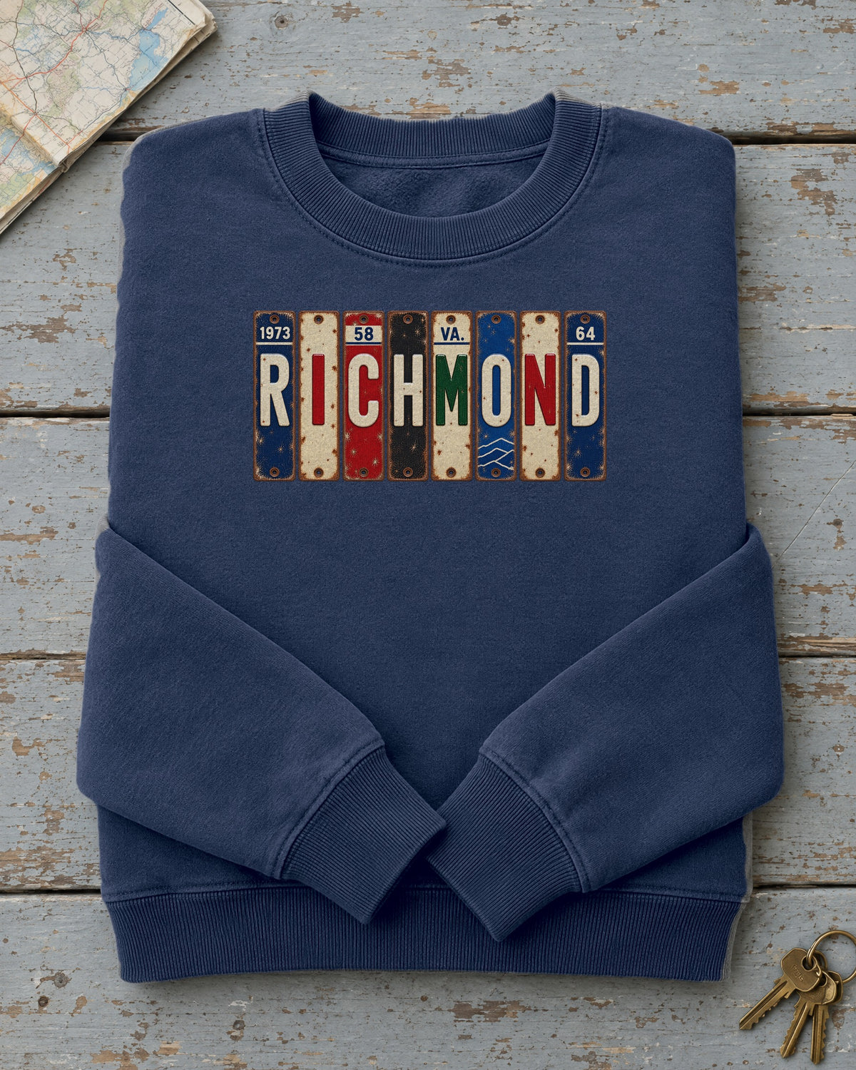 Richmond, Virginia vintage license plate sweatshirt in True Navy