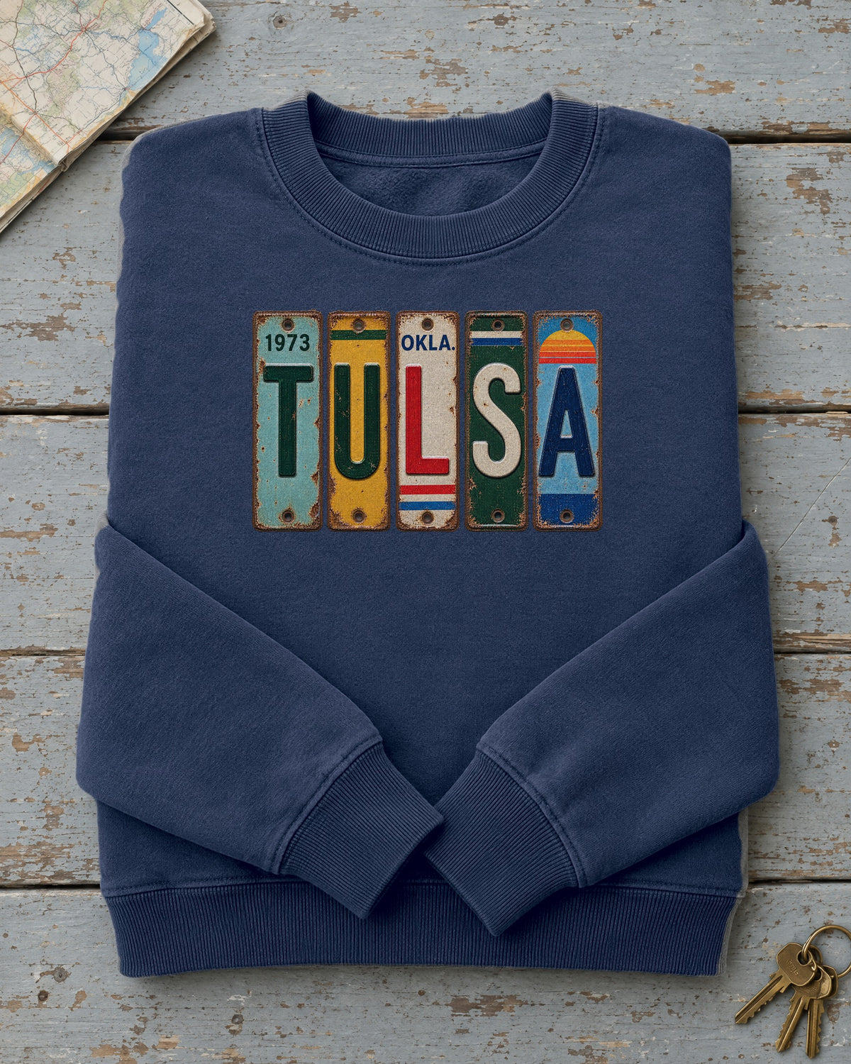 Tulsa, Oklahoma vintage license plate sweatshirt in True Navy