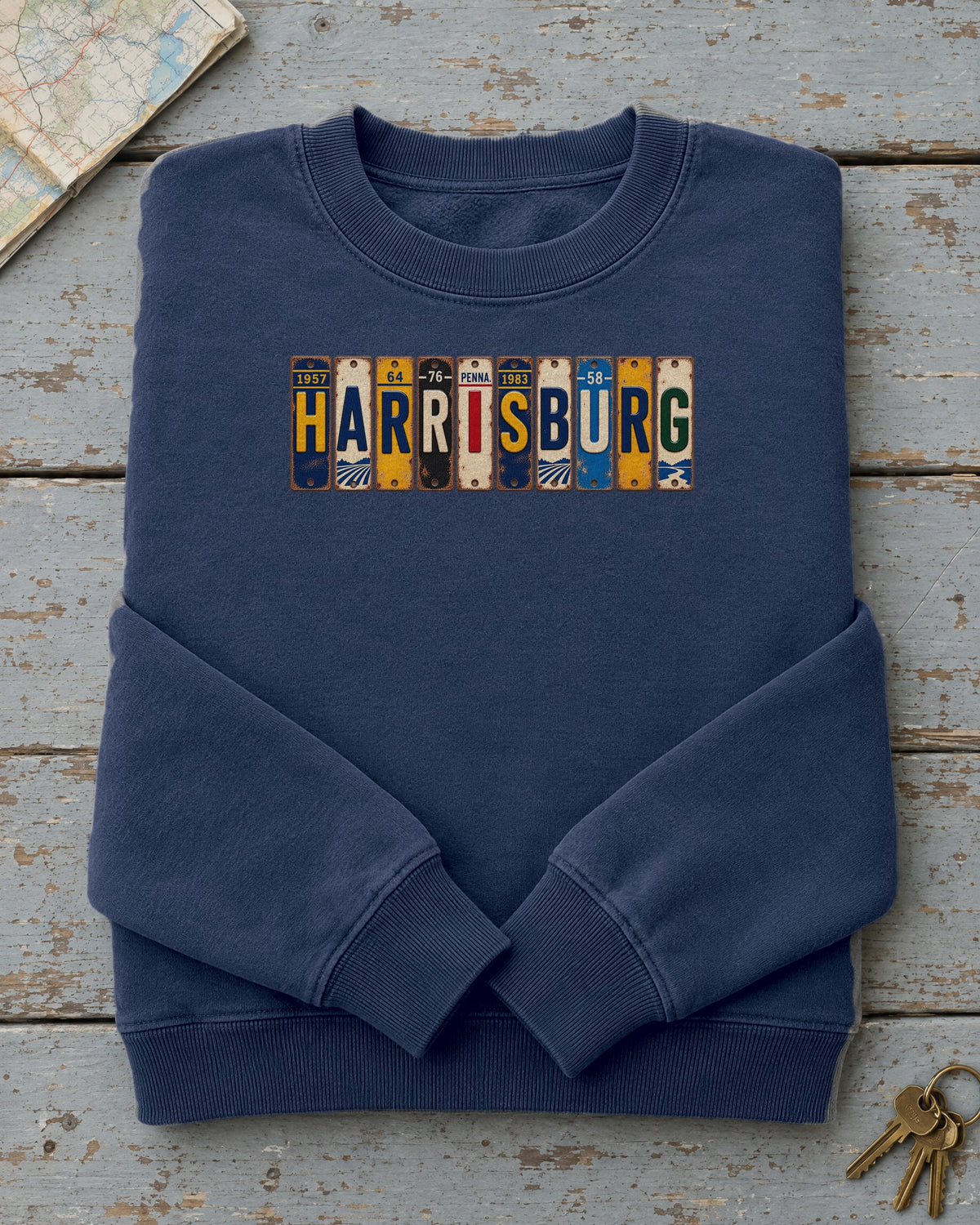 Harrisburg, Pennsylvania vintage license plate sweatshirt in True Navy