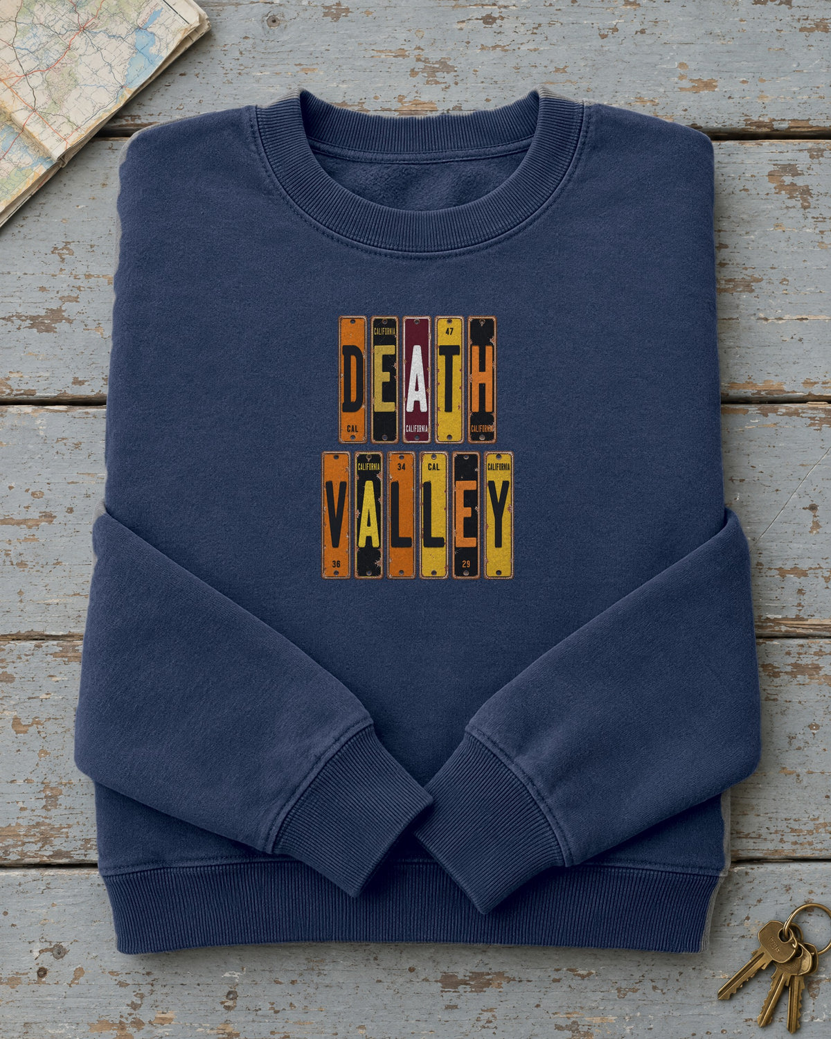 Death Valley, California vintage license plate sweatshirt in True Navy
