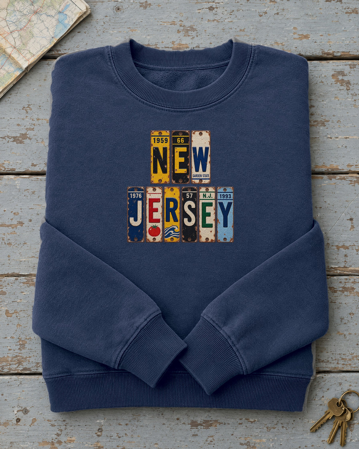 New Jersey vintage license plate sweatshirt in True Navy