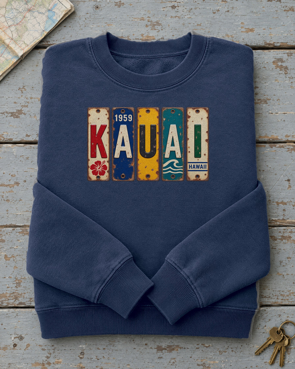 Kauai, Hawaii vintage license plate sweatshirt in True Navy