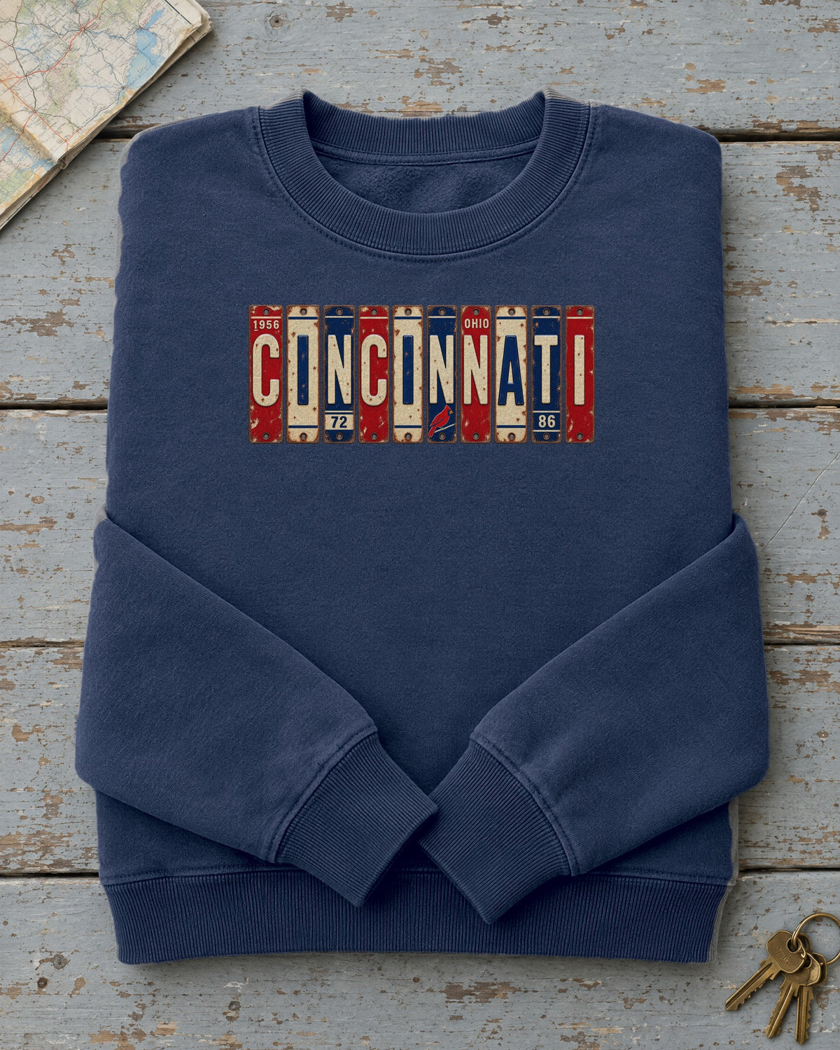 Cincinnati, Ohio vintage license plate sweatshirt in True Navy