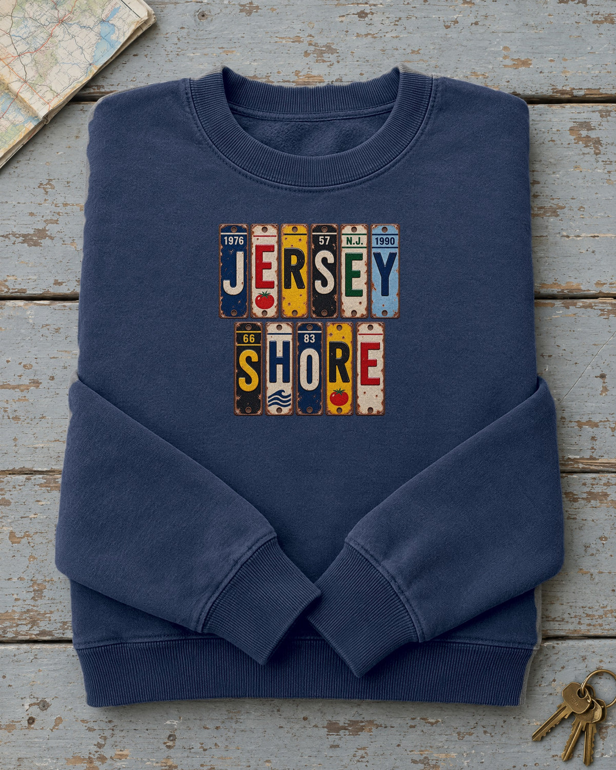Jersey Shore, New Jersey vintage license plate sweatshirt in True Navy