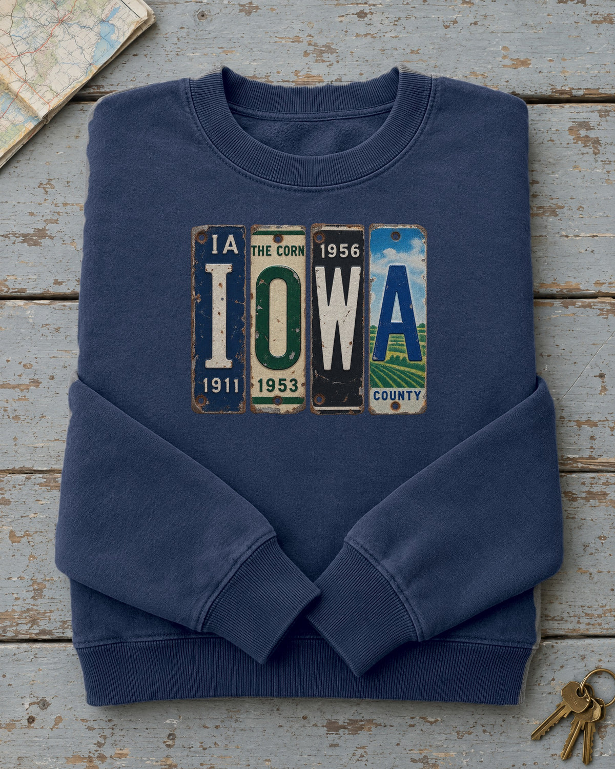 Iowa vintage license plate sweatshirt in True Navy