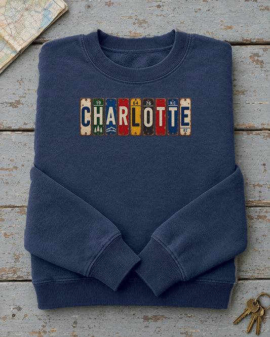 Charlotte, North Carolina vintage license plate sweatshirt in True Navy